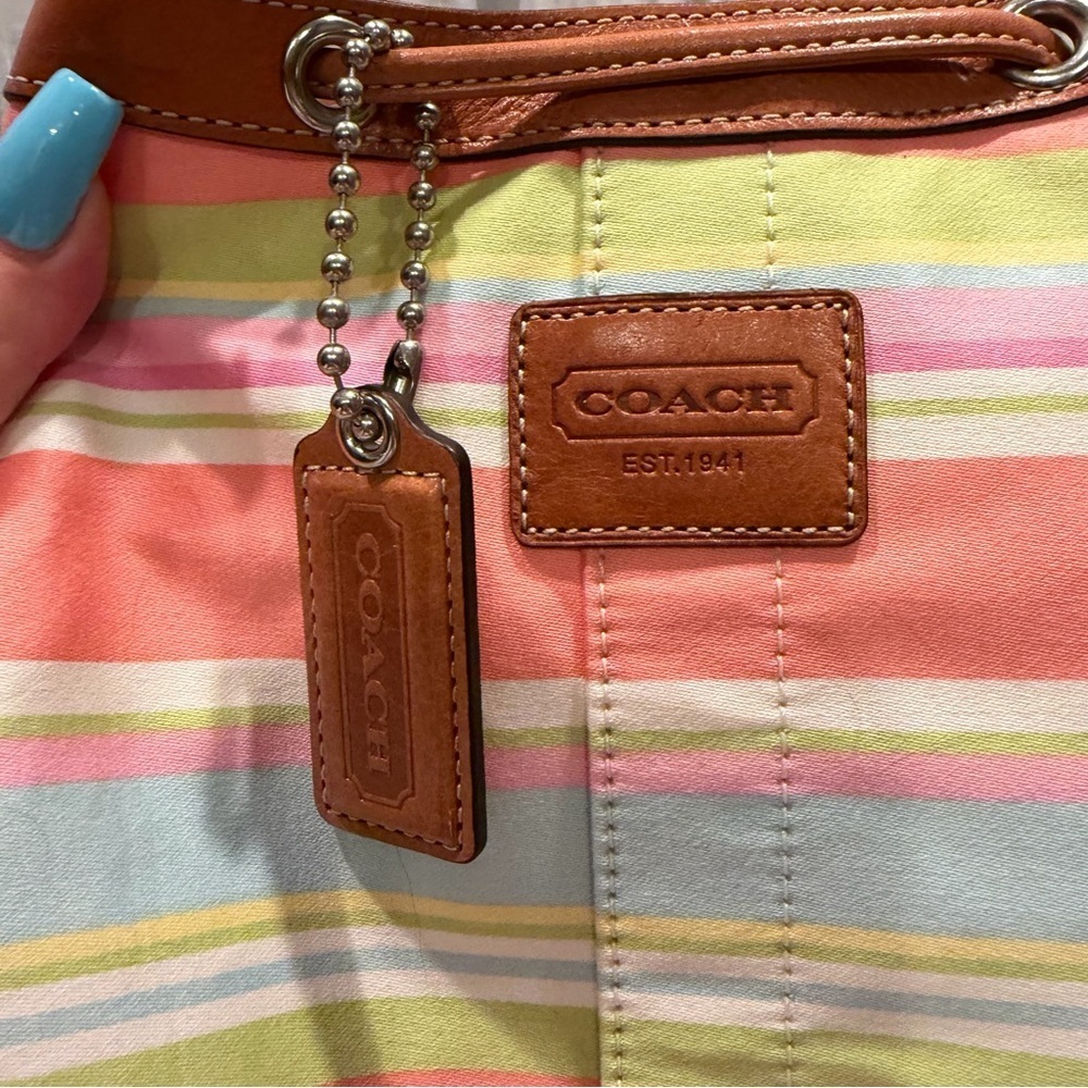 Y2K VTG Coach Pastel Multicolor Stripe Drawstring Backpack Leather  F13554 - Picture 2 of 8